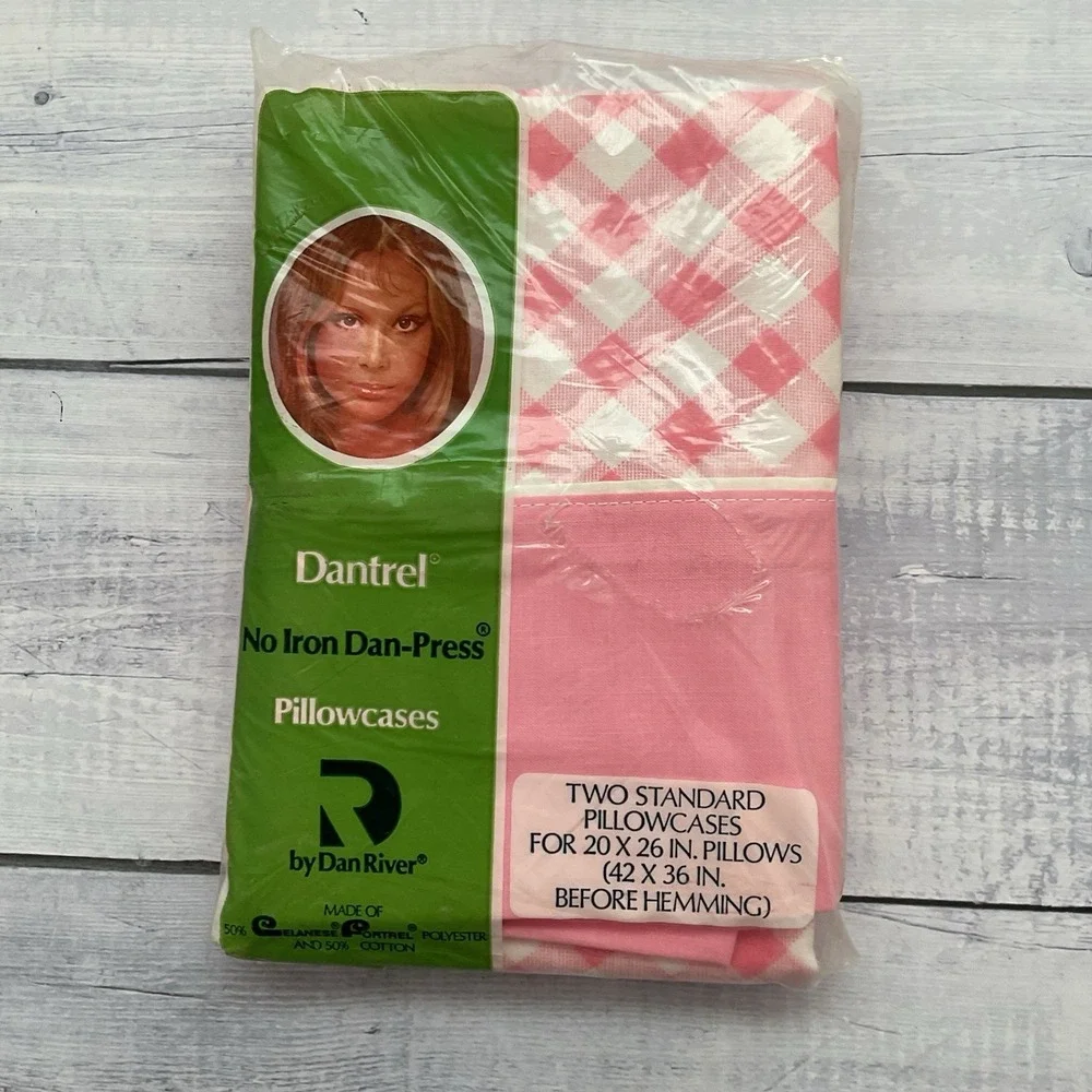 Dantrel Dan River Double Sheet Set Flat Fitted Pillowcases Pink White Check VTG